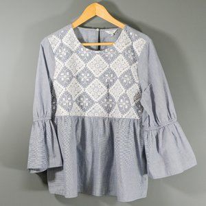 CROWN & IVY Boho Bell Sleeve Embroidered Chambray Top Size XL
